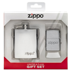 49098 Подарочный набор ZIPPO: фляжка 89 мл и ветроустойчивая зажигалка Brushed Chrome, латунь/сталь, серебристый цвет, в коробке с подвесом