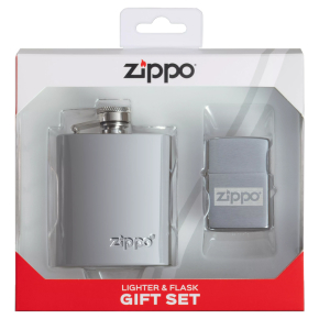 49358 Подарочный набор ZIPPO: фляжка 89 мл и ветроустойчивая зажигалка Brushed Chrome, латунь/сталь, серебристый цвет, в коробке с подвесом